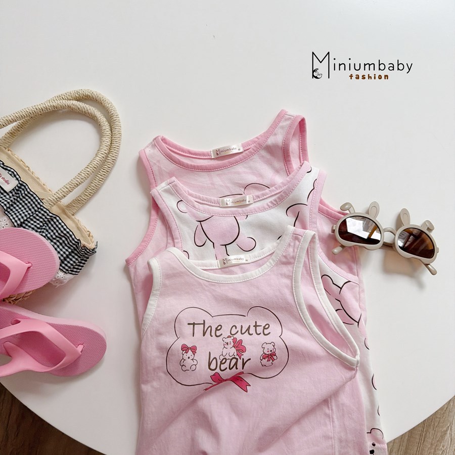 Set bộ 3 lỗ bé gái 1-6 tuổi Miniumbaby in hình gấu nơ mặc hè dễ thương, chất cotton mềm mát SB2768