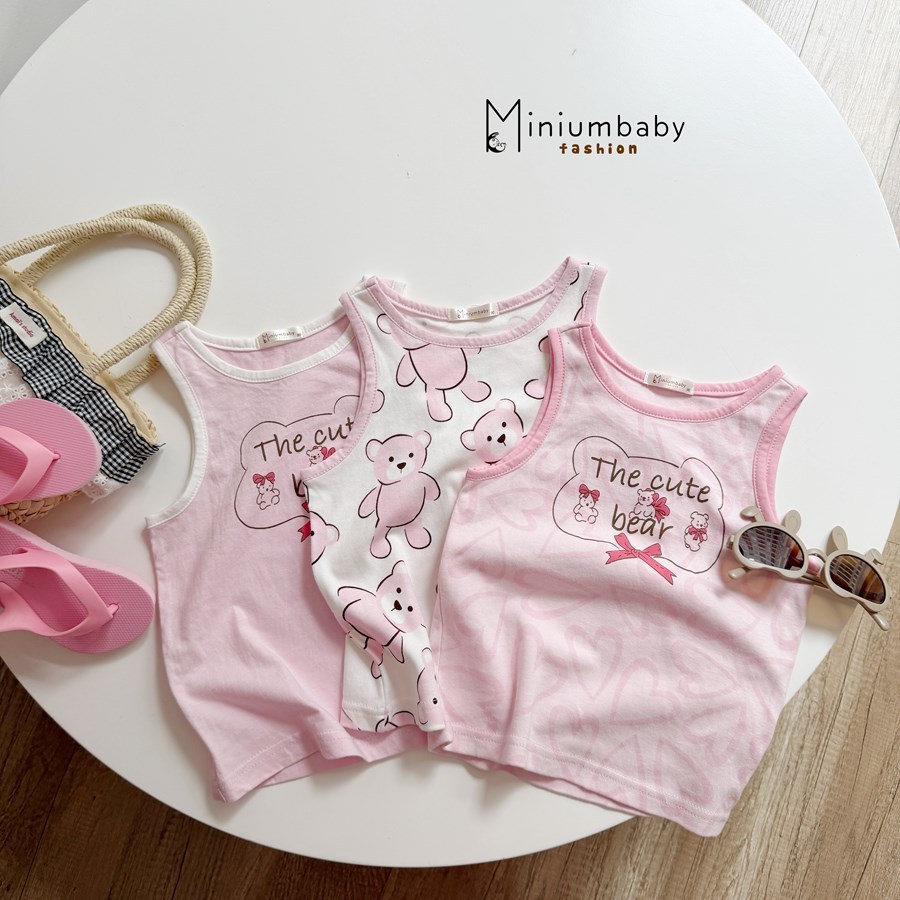 Set bộ 3 lỗ bé gái 1-6 tuổi Miniumbaby in hình gấu nơ mặc hè dễ thương, chất cotton mềm mát SB2768