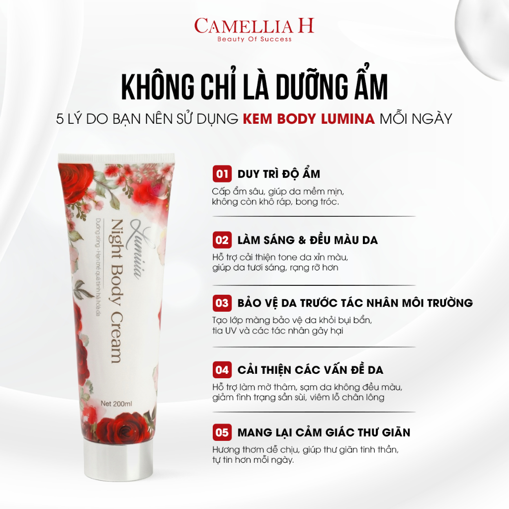 Kem body đêm Lumina Camellia H dưỡng trắng da cấp ẩm sâu phục hồi da mềm mịn Lumina Night Body Cream