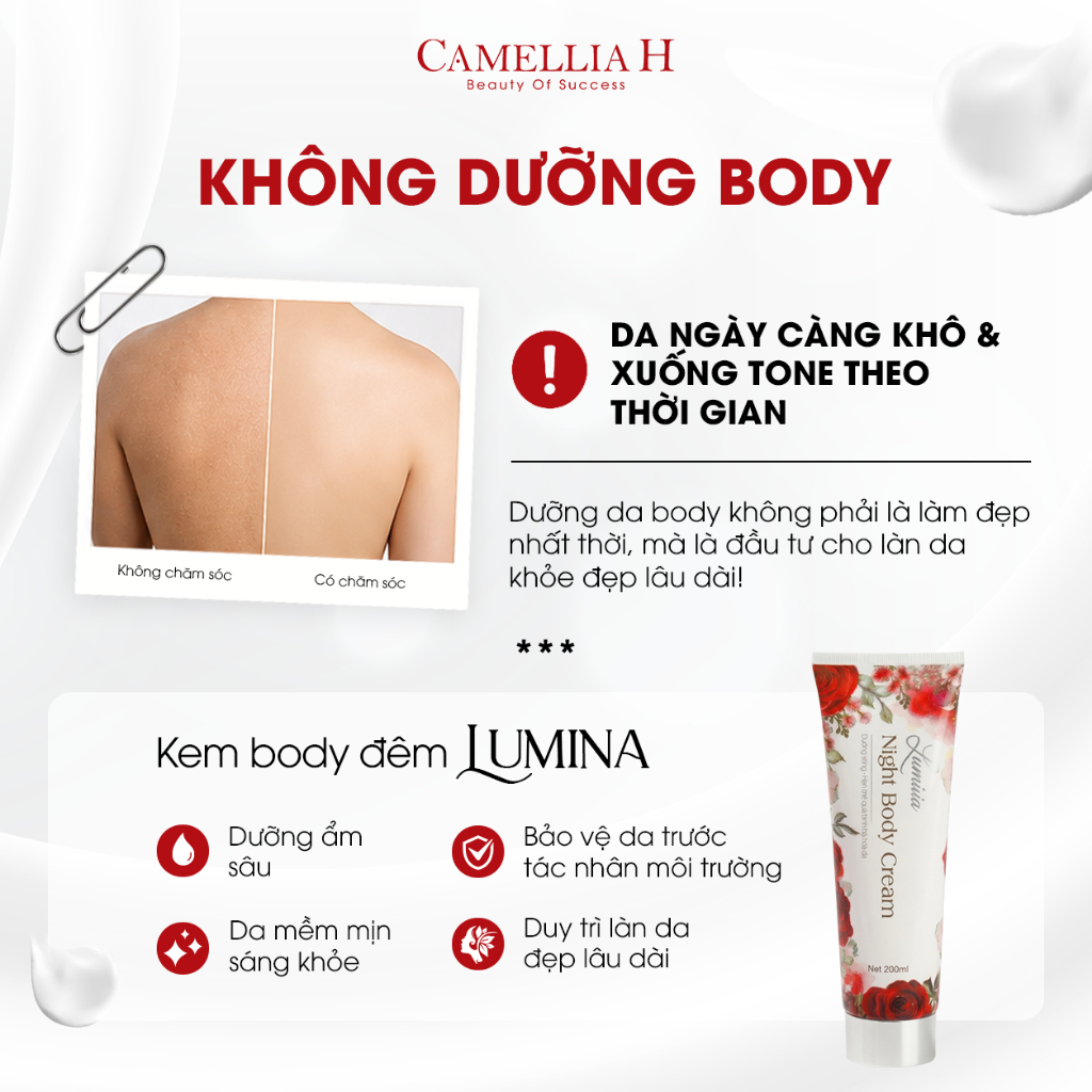 Kem body đêm Lumina Camellia H dưỡng trắng da cấp ẩm sâu phục hồi da mềm mịn Lumina Night Body Cream