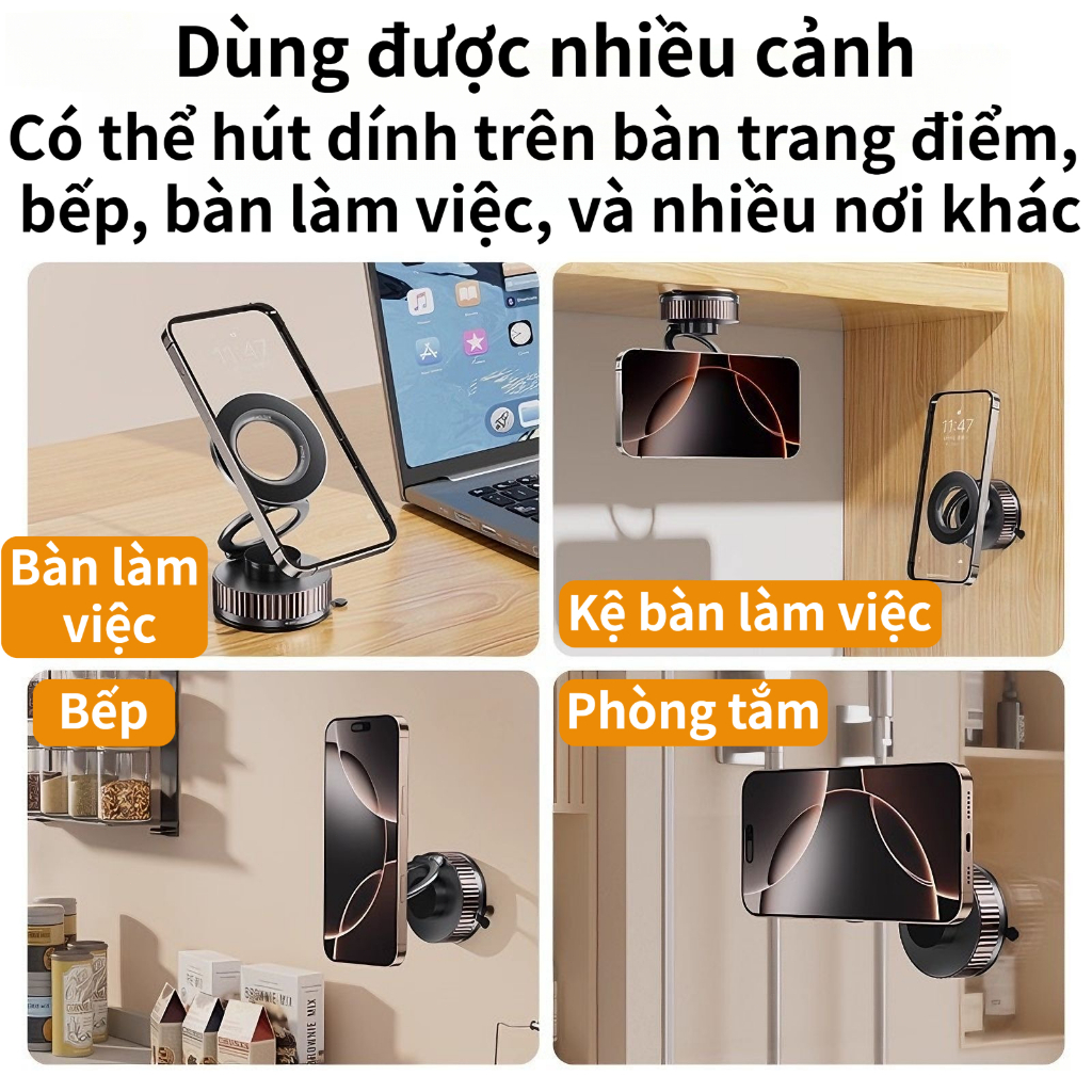 Giá đỡ điện thoại xe hút chân không từ tính mạnh 360 độ xoay 3 trục, chống rung lắc, không rơi máy,dùng xe/bàn/bếp/phòng