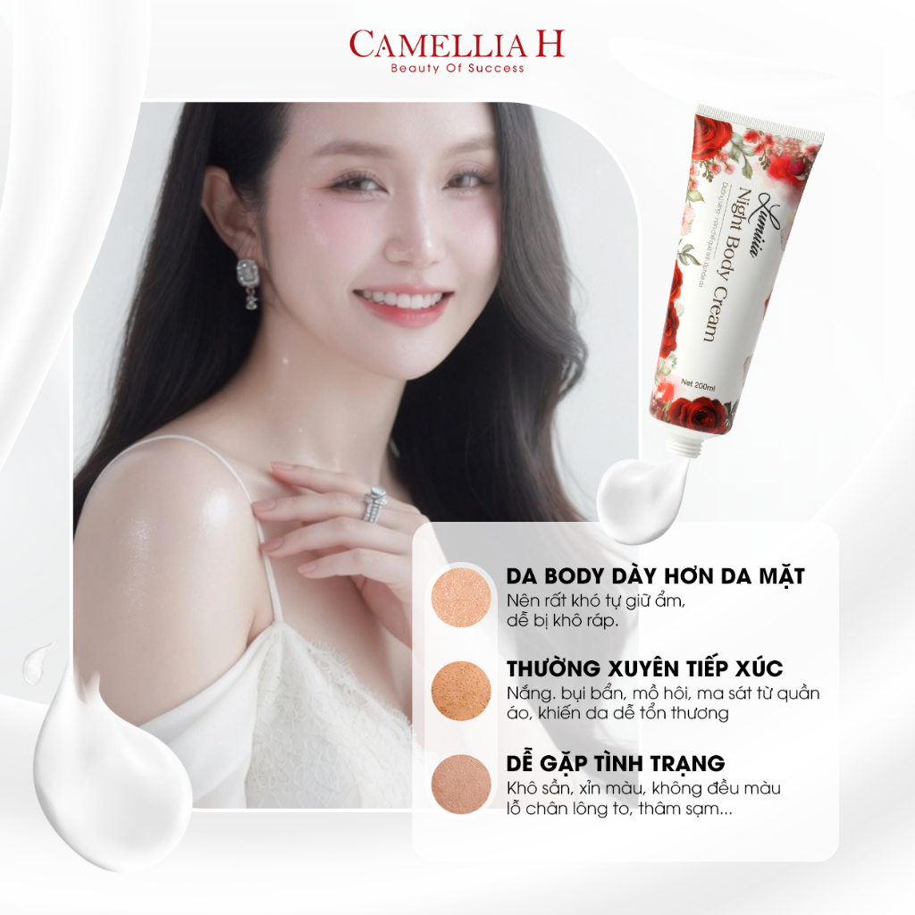 Kem body đêm Lumina Camellia H dưỡng trắng da cấp ẩm sâu phục hồi da mềm mịn Lumina Night Body Cream