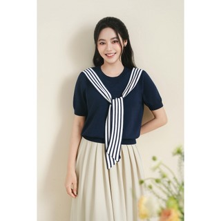 Áo Len Dệt Kim Ngắn Tay Mùa Hè LAMER Bo Gấu Phối Khăn Kẻ Liền Công Sở Trẻ Trung HSD O61W26Q012
