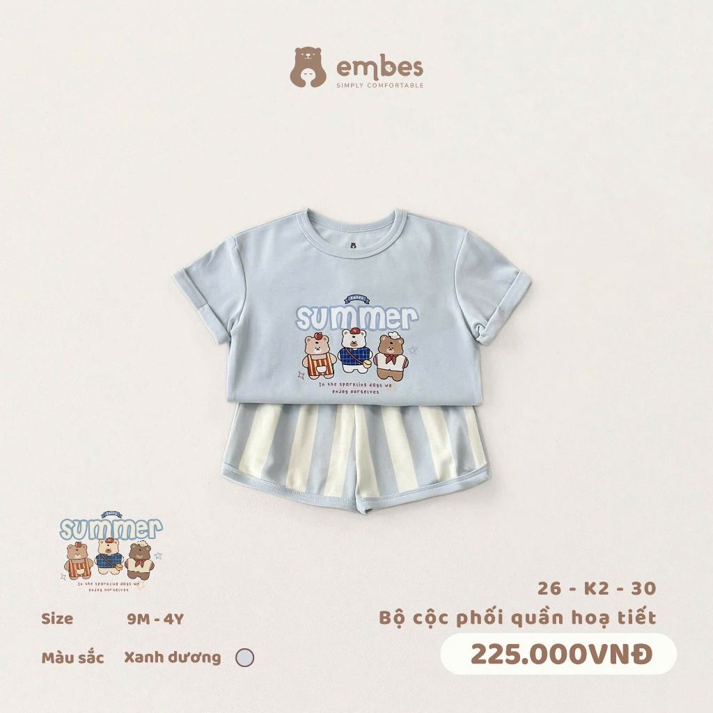 Bộ Cộc Cho Bé Embes, Bộ Cộc Tay In Họa Tiết "SUMMER'' Phối Quần Kẻ Sọc Cho Bé Trai Bé Gái Từ 8-17Kg
