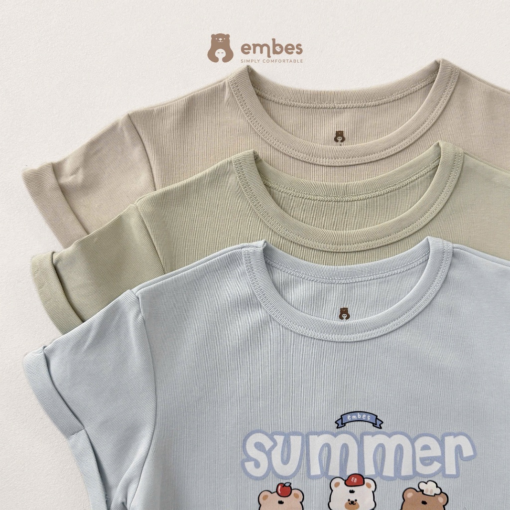 Bộ Cộc Cho Bé Embes, Bộ Cộc Tay In Họa Tiết "SUMMER'' Phối Quần Kẻ Sọc Cho Bé Trai Bé Gái Từ 8-17Kg