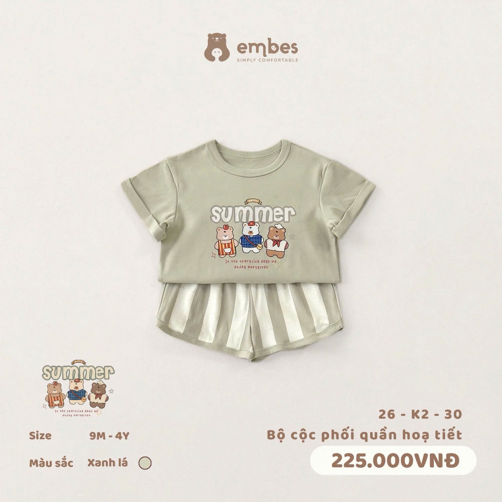 Bộ Cộc Cho Bé Embes, Bộ Cộc Tay In Họa Tiết "SUMMER'' Phối Quần Kẻ Sọc Cho Bé Trai Bé Gái Từ 8-17Kg
