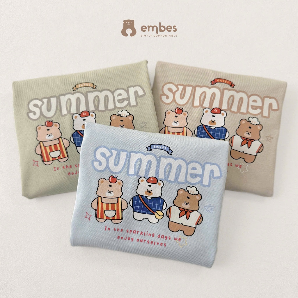 Bộ Cộc Cho Bé Embes, Bộ Cộc Tay In Họa Tiết "SUMMER'' Phối Quần Kẻ Sọc Cho Bé Trai Bé Gái Từ 8-17Kg