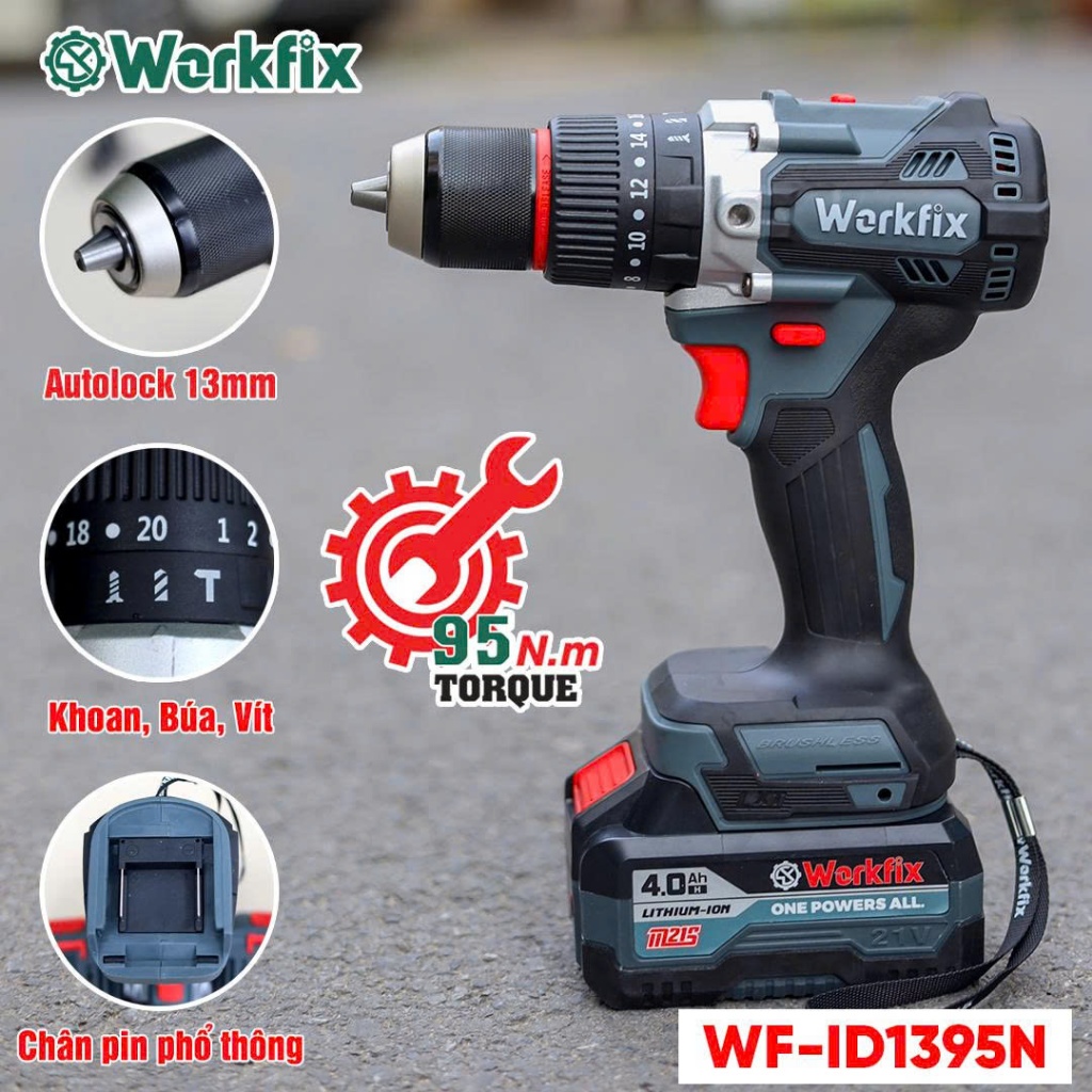 [Kèm Phụ Kiện] Máy Khoan Tường Rút Lõi Workfix 95N WF-ID1395N Không Chổi Than 3 Chức Năng Bắn Vít