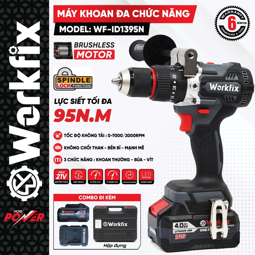 [Kèm Phụ Kiện] Máy Khoan Tường Rút Lõi Workfix 95N WF-ID1395N Không Chổi Than 3 Chức Năng Bắn Vít