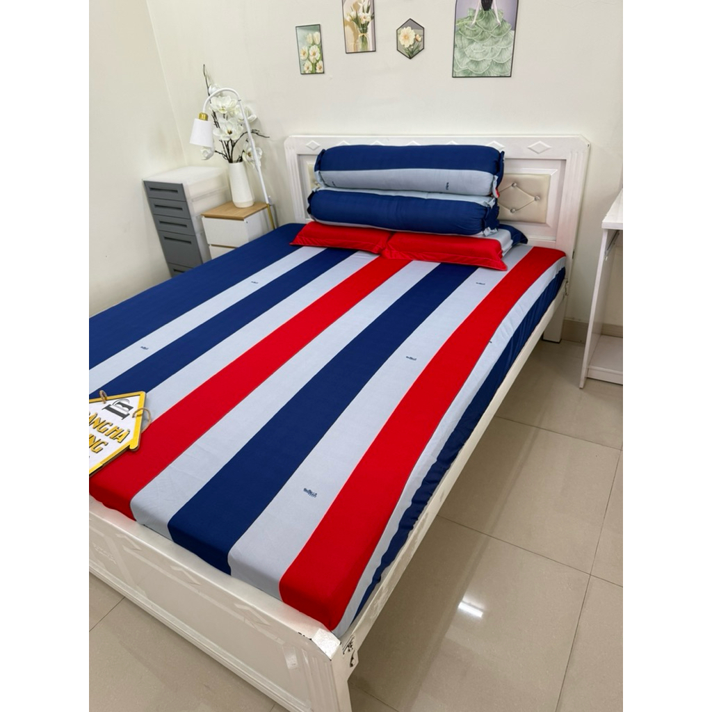 BỘ GA THUN LẠNH CÓ 2 ÁO GỐI ÔM DÂY KÉO mẫu CỜ XANH