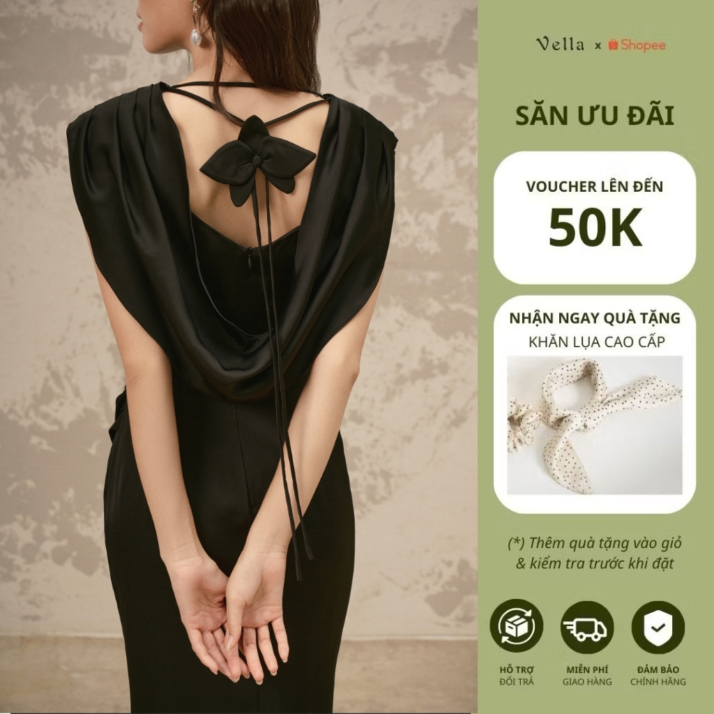 Đầm dạ tiệc sang trọng cổ đổ màu đen, đỏ đô, lưng hở đính nơ 3D Vella SENA dress VD25100