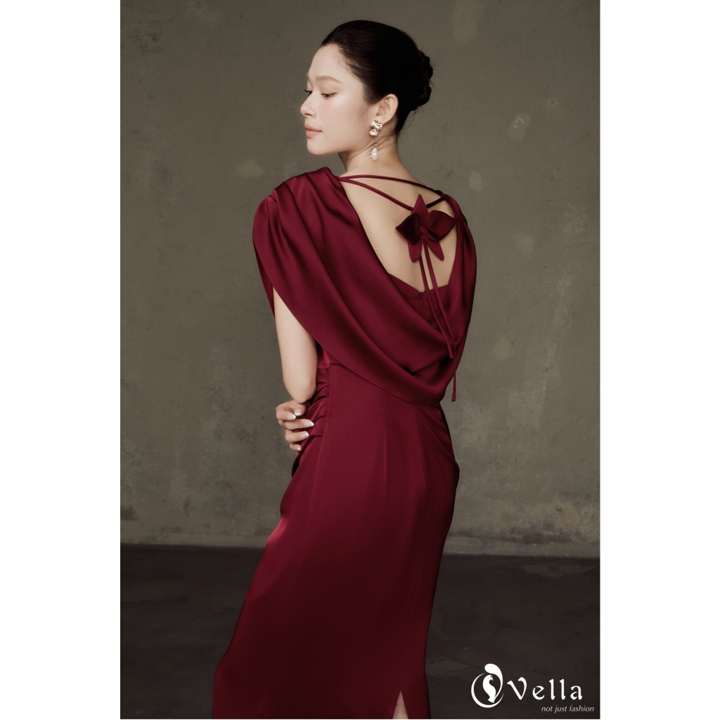 Đầm dạ tiệc sang trọng cổ đổ màu đen, đỏ đô, lưng hở đính nơ 3D Vella SENA dress VD25100