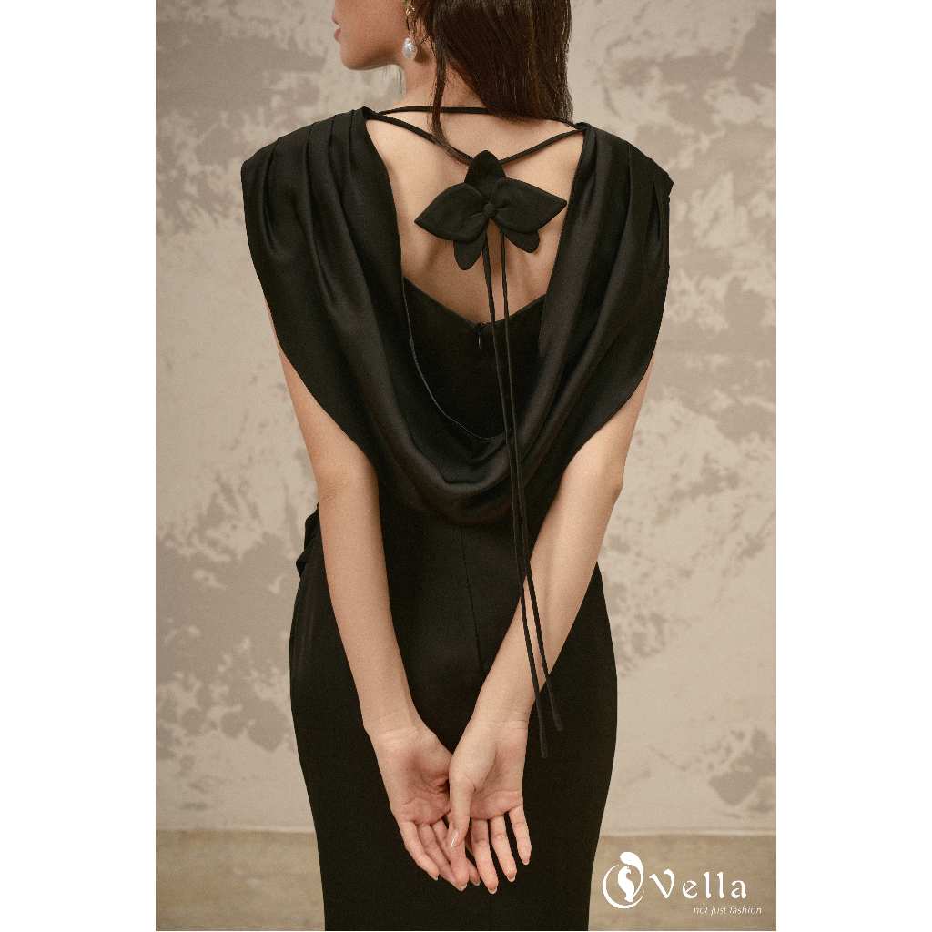 Đầm dạ tiệc sang trọng cổ đổ màu đen, đỏ đô, lưng hở đính nơ 3D Vella SENA dress VD25100