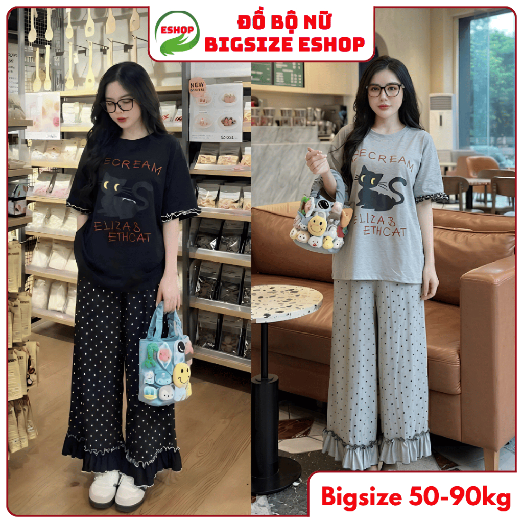 Đồ Bộ Nữ Bigsize 45-85kg Quần Ống Suông Cạp Cao Thun Gân Chấm Bi Bèo Mặc Nhà Đi Chơi ESHOP MS969