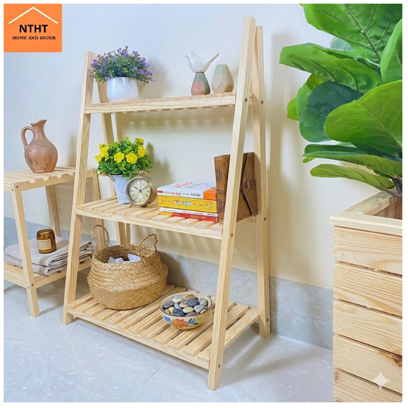 Kệ gỗ đa năng, kệ cây 3 tầng gỗ thông không mối mọt KT D60 x C90 x R28