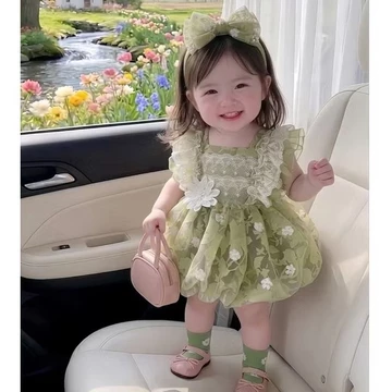 Body Váy Bí Xanh Hoa Trắng Kèm Tuban (Không Giày) 3-12 kg,Đồ Liền Thân Bé Gái Sơ Sinh Đầy Tháng Thôi Nôi Chất Mềm Mát