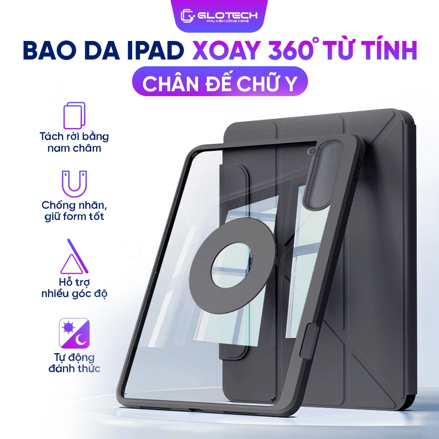 Bao Da iPad Chữ Y Xoay 360 _BDCY_02, Tách Từ Tính GLOTECH, Kèm Khay Bút ...