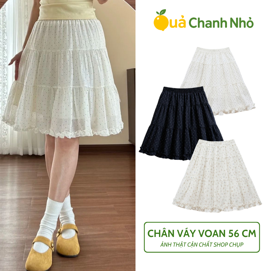 Chân Váy Ngắn Xòe Tầng Vải Voan Xốp Nhăn Ô Vuông Hai Màu Hoa Nhí, Chấm Bi Dài 56cm Có Lớp Lót