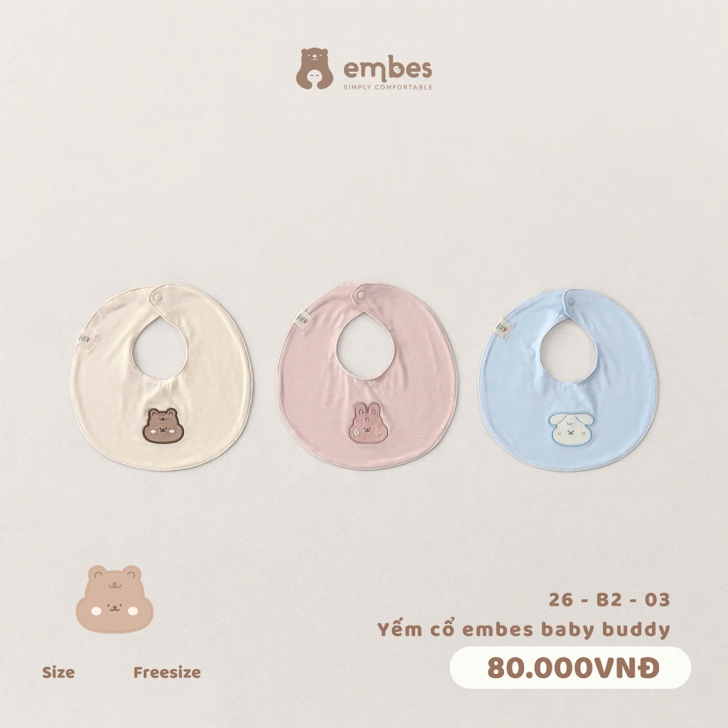 Yếm Tròn Cho Bé Embes, Yếm Cổ Tròn Thêu Hình Chất Cotton Thấm Hút Tốt Cho Bé Sơ Sinh Từ 0-9 Tháng