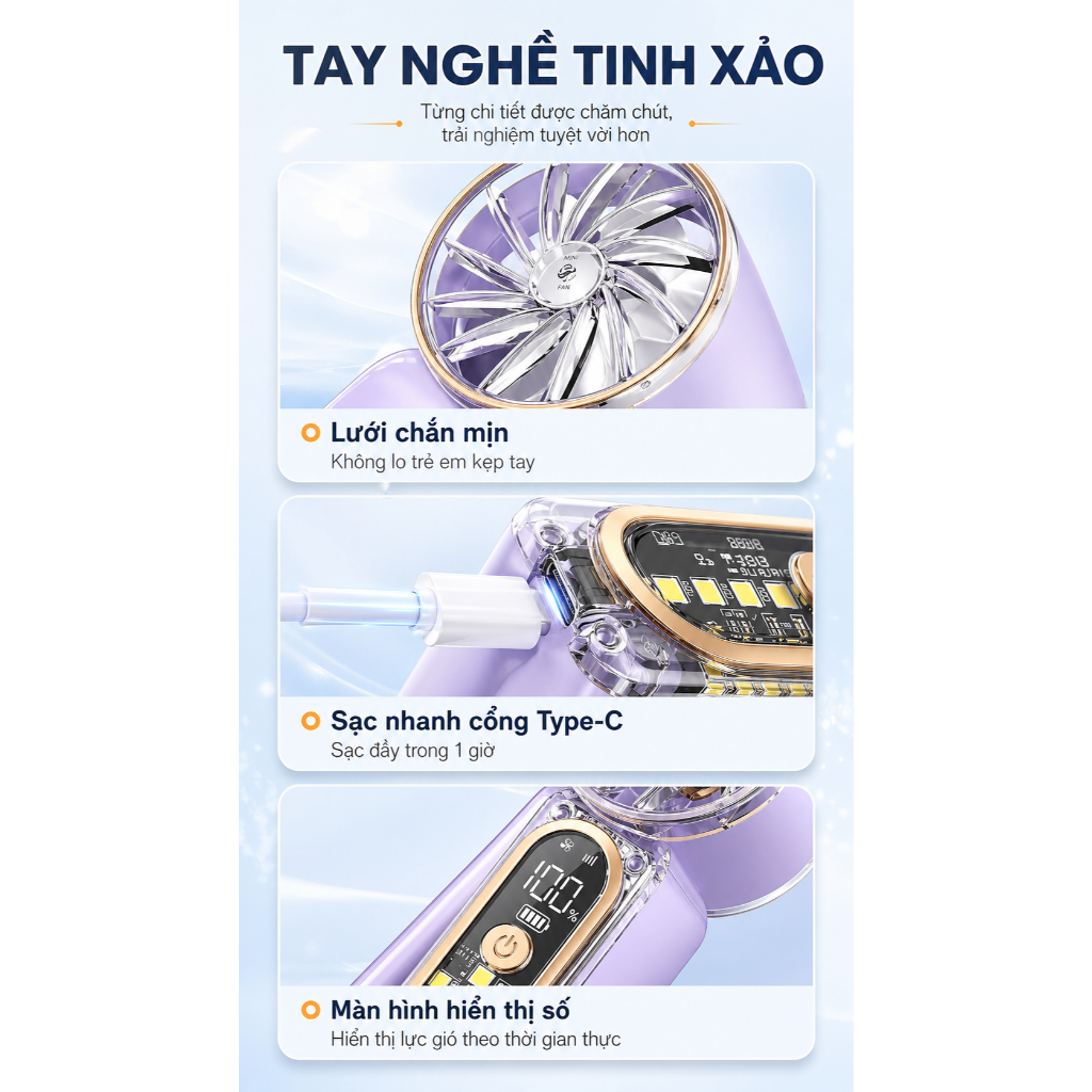 S2 MINI Quạt Tay Tốc Độ Cao 2 Trong 1, Đèn LED chiếu sáng, Làm mát nhanh, Quạt cầm tay mini chỉ 8,9cm, Điều chỉnh 6 tốc