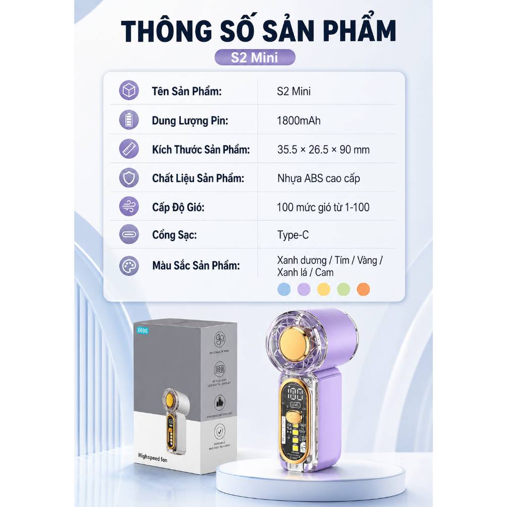 S2 MINI Quạt Tay Tốc Độ Cao 2 Trong 1, Đèn LED chiếu sáng, Làm mát nhanh, Quạt cầm tay mini chỉ 8,9cm, Điều chỉnh 6 tốc