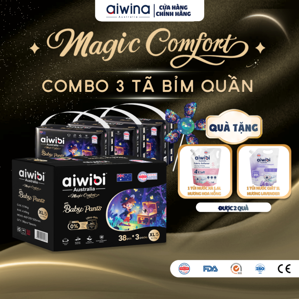 [Combo 3] Tã/Bỉm Quần Siêu Cao Cấp Aiwibi Magic Comfort Cho Bé Siêu Thấm Hút, Chống Tràn Gói Lớn M/L/XL/XXL/XXXL