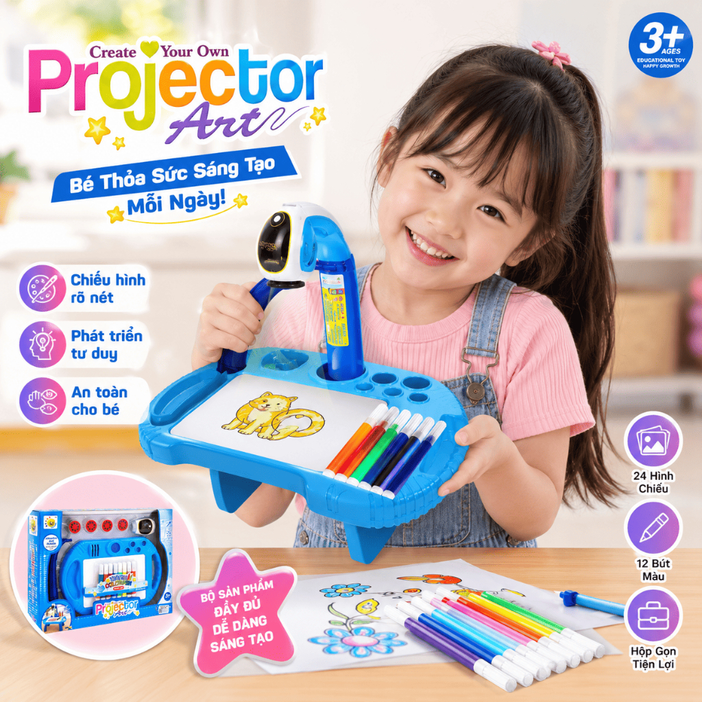 Bộ Bàn Vẽ Chiếu Hình Projector Art Cho Bé 3+ – Máy Chiếu Tập Vẽ Kèm Bút Màu & Hình Mẫu Giúp Bé Học Vẽ Sáng Tạo