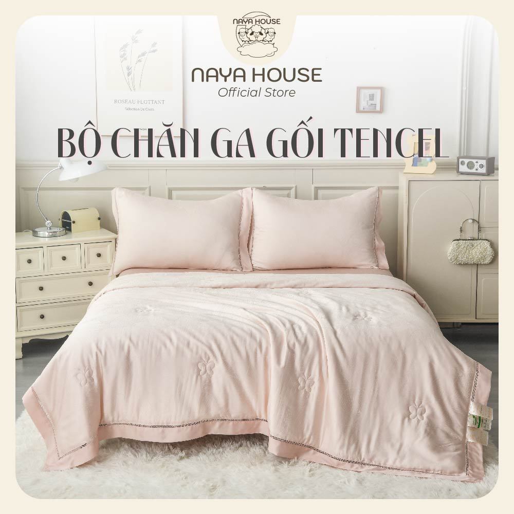 Bộ chăn ga gối 5 món Naya House lụa Tencel Dệt Kim Cao Cấp kết hợp sợi kim tuyến nhẹ nhàng BC06