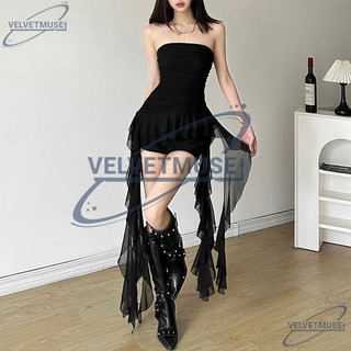 VM-Set bộ nữ áo ống lưới tua rua phối chân váy ôm ngắn Y2K tôn dáng sexy
