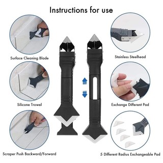 Bộ dụng cụ miết keo silicon 2 đầu 5 trong 1, Dao cạo cắt keo chà ron mạch gạch kính, đầu tuốt Inox siêu bền