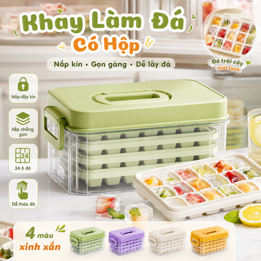 Khay Làm Đá Viên Có Nắp Đậy Kín, Hộp Đựng Đá Nhiều Tầng Kèm Tay Xách, Khuôn Đá Viên Nhựa An Toàn