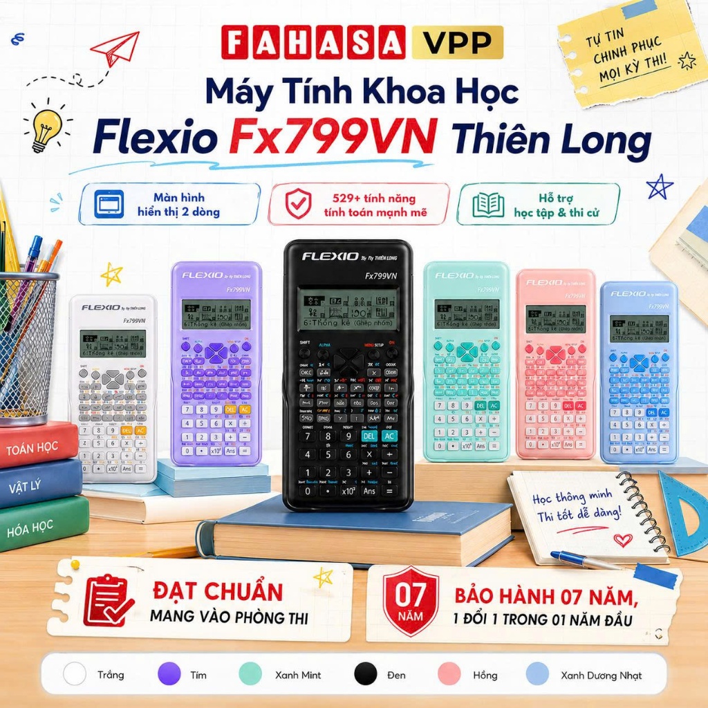 [Tặng 10 bút Chì] Máy Tính Khoa Học Flexio Fx 799VN - Màu Trắng, Đen, Hồng, Bạc Hà, Xanh Dương