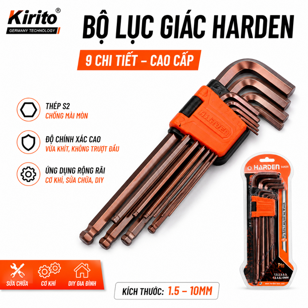Bộ Lục Giác HARDEN 9 Chi Tiết – Bộ Khóa L Allen Thép S2 Cao Cấp, Chống Gỉ, Độ Cứng Cao