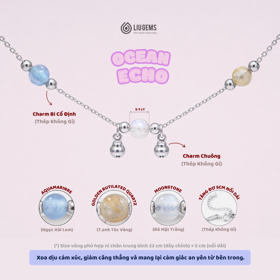 Lắc Chân Thép Không Gỉ Dreamy Fairy Kết Hợp 3 Hạt Đá Phong Thuỷ Năng Lượng Liugems, LCT03