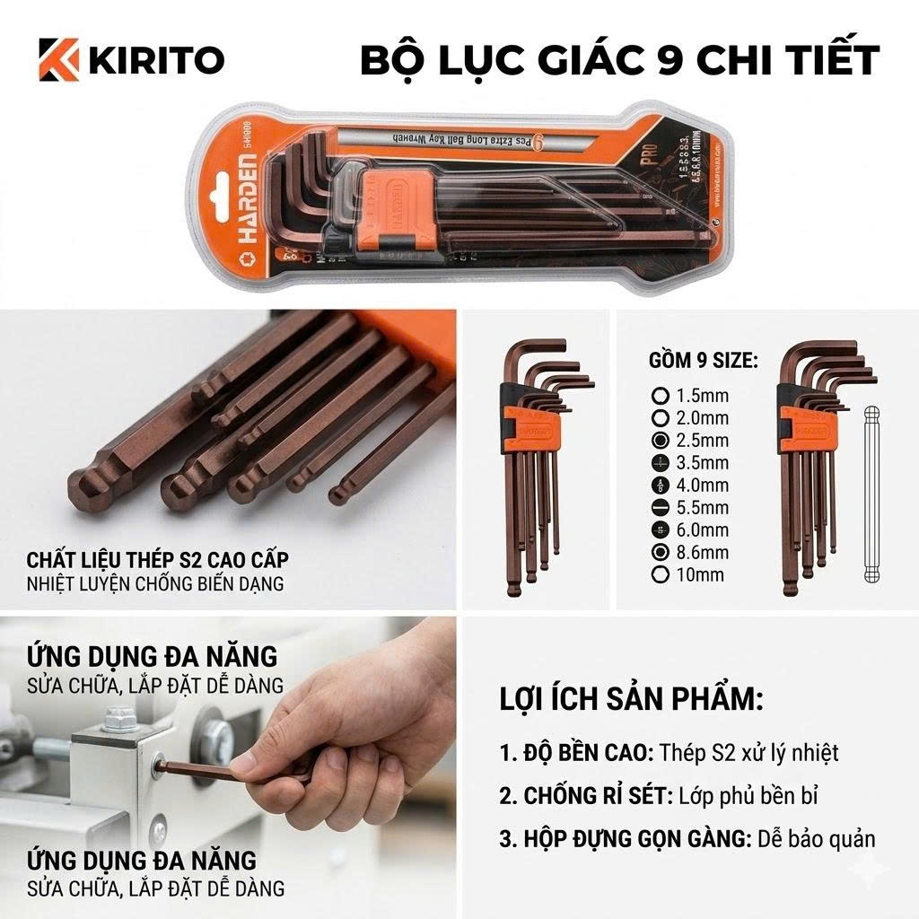 Bộ Lục Giác Bi Hoa Thị Đầu Bông Mai Có Lỗ Kapusi Japan 9 Chi Tiết, Thép S2 Cao Cấp, Chống Mài Mòn