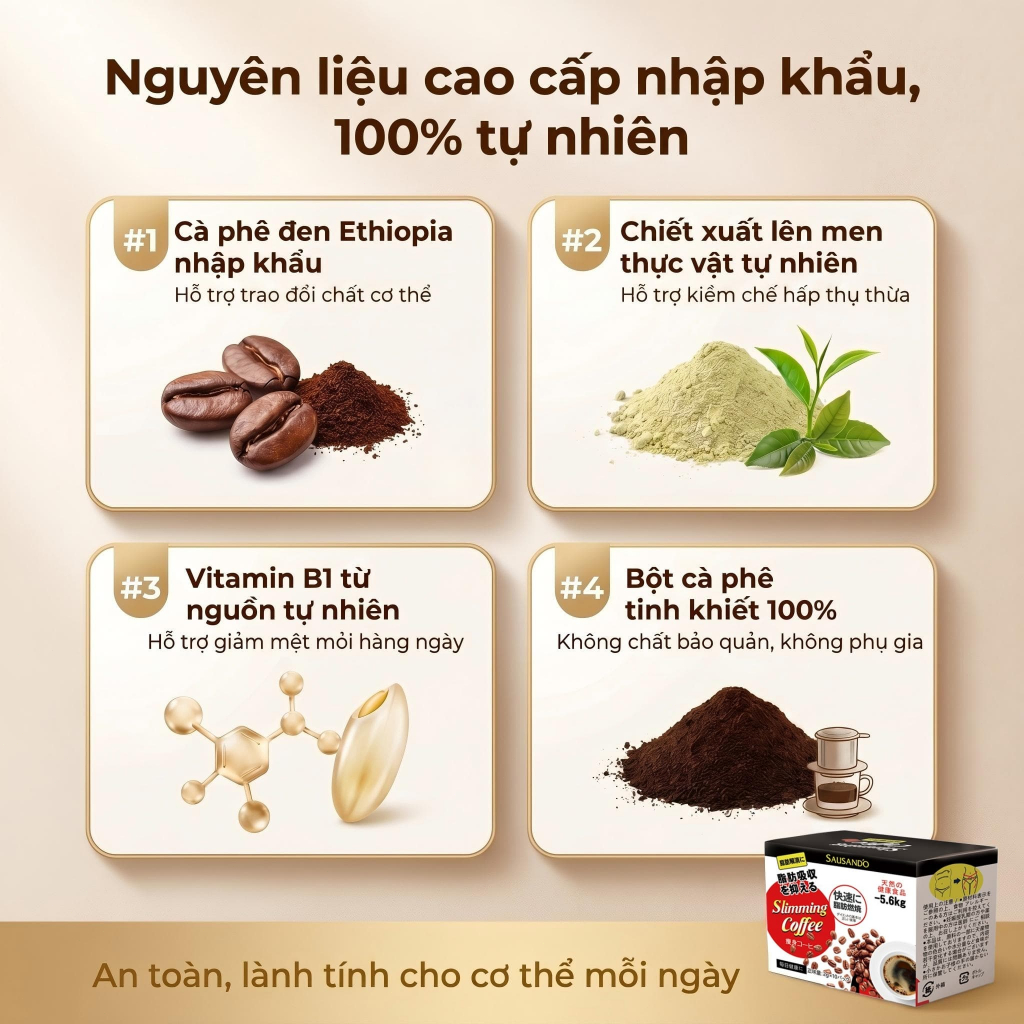 SAUSANDO Cà phê giảm cân Nhật Bản chính hãng, hỗ trợ giảm mỡ, kiềm chế thèm ăn, tăng trao đổi chất, 10 gói/hộp