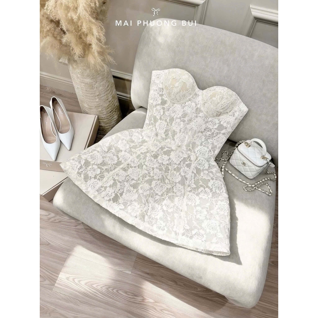 ZIMM STORE-Váy ren trắng cúp ngực lót cao cấp thiết kế dáng xòe phồng