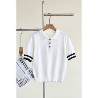 Áo Kiểu Nữ Len Dệt Kim Ngắn Tay Mùa Hè LAMER FASHION Cổ Bẻ Phối Gấu Kẻ Trẻ Trung HSD O61W26Q013