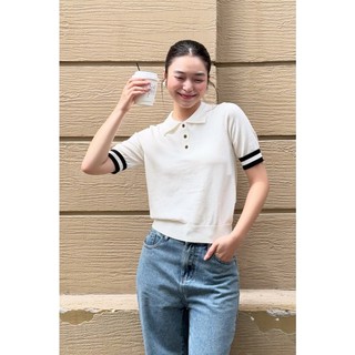 Áo Kiểu Nữ Len Dệt Kim Ngắn Tay Mùa Hè LAMER FASHION Cổ Bẻ Phối Gấu Kẻ Trẻ Trung HSD O61W26Q013