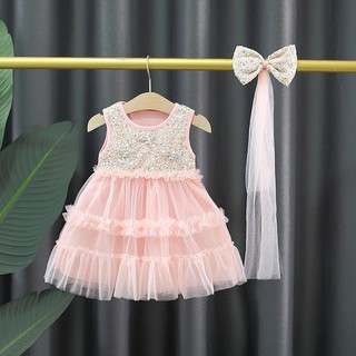 Váy công chúa bé gái dự tiệc 9th-4 tuổi thun cotton kim sa lấp lánh tặng kèm cài tóc xinh D1302