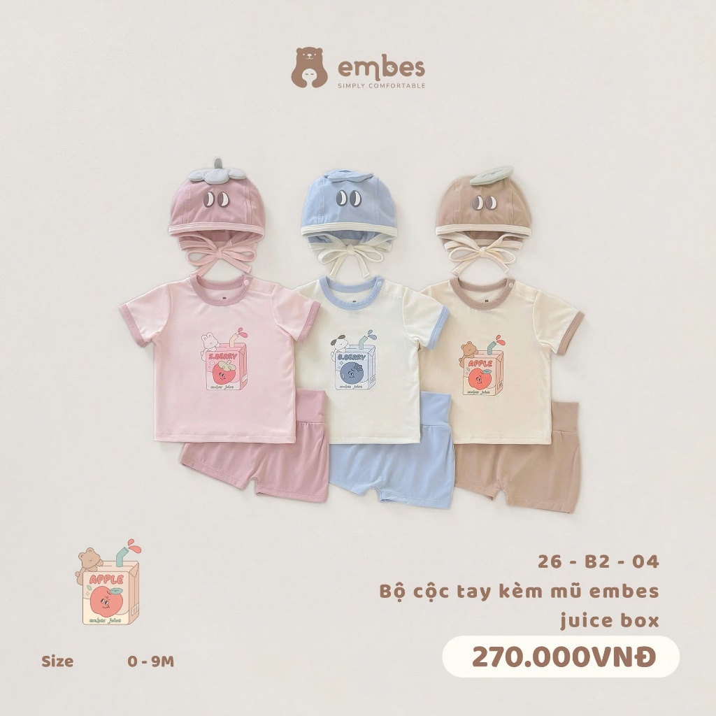 Bộ Cộc Sơ Sinh Embes, Bộ Cộc Tay In Họa Tiết Kèm Mũ Trái Cây Cho Bé Trai Bé Gái Size Từ 0-9 Tháng