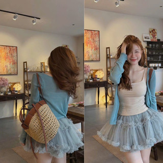 DAY CLOTHING-bộ 3 món áo hai dây kèm cardigan len tăm và chân váy voan lưới nhiều tầng màu xanh khói