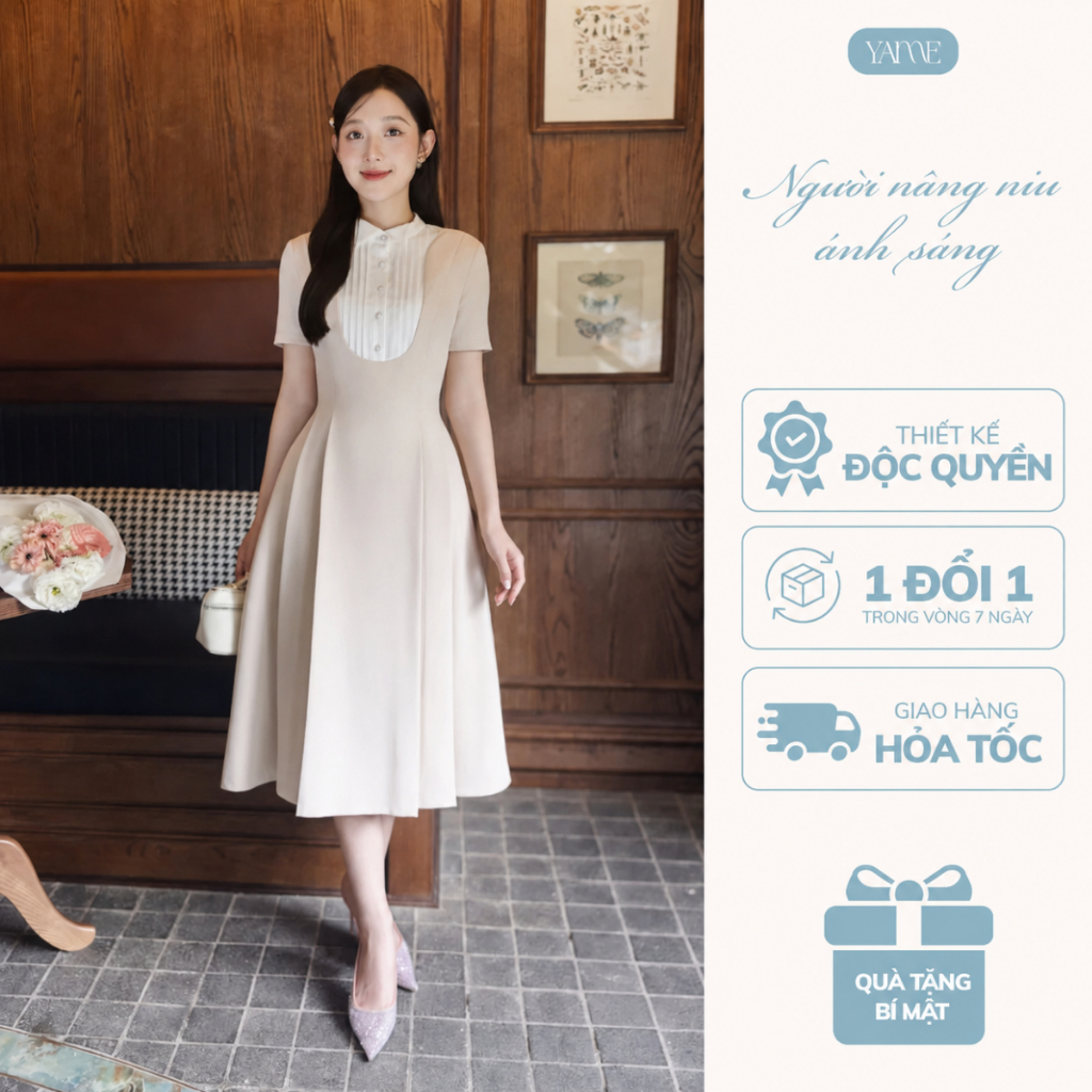 Váy Nữ Thiết Kế YAME Dáng Xòe Dài Màu Kem Phối Ngực Xếp Ly Trắng Có Túi Sườn Kèm Đai - Vega YV746