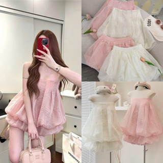 SEP House - Set voan xốp áo cúp dáng bí phối chân váy nhắn bồng bềnh kem hồng tiểu thư sang trọng - Hàng loại 1