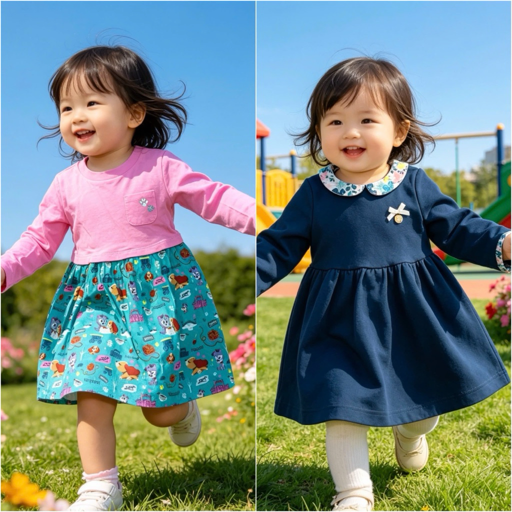 Váy bé gái dài tay xuất dư L009 D7723 cao cấp – đầm trẻ em size 3-36 tháng (2-16kg)