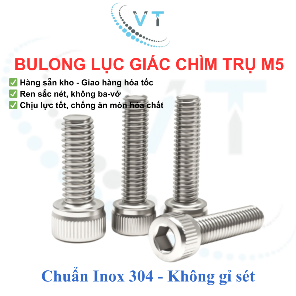 [Túi 10 con] Bulong lục giác chìm đầu trụ Inox 304 M5 (5 ly). Bulong 5li chống ăn mòn, chống gỉ sét