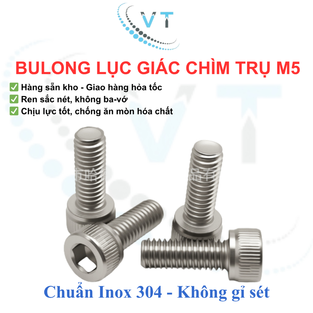 [Túi 10 con] Bulong lục giác chìm đầu trụ Inox 304 M5 (5 ly). Bulong 5li chống ăn mòn, chống gỉ sét