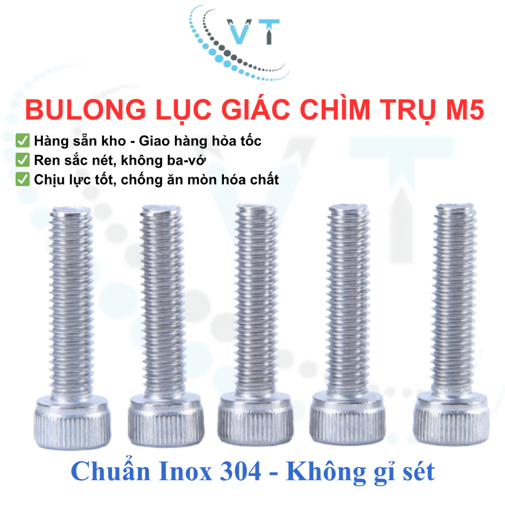 [Túi 10 con] Bulong lục giác chìm đầu trụ Inox 304 M5 (5 ly). Bulong 5li chống ăn mòn, chống gỉ sét