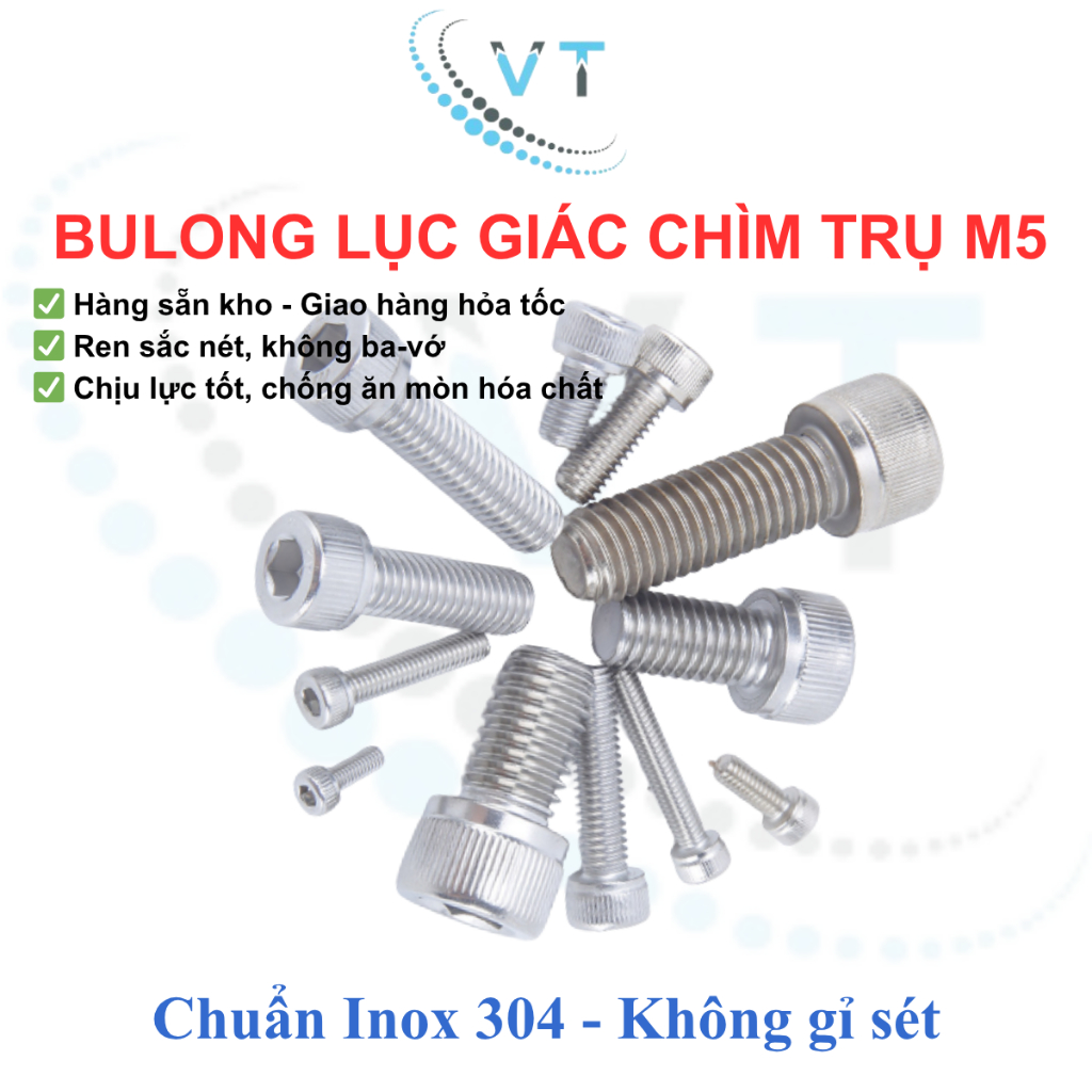 [Túi 10 con] Bulong lục giác chìm đầu trụ Inox 304 M5 (5 ly). Bulong 5li chống ăn mòn, chống gỉ sét
