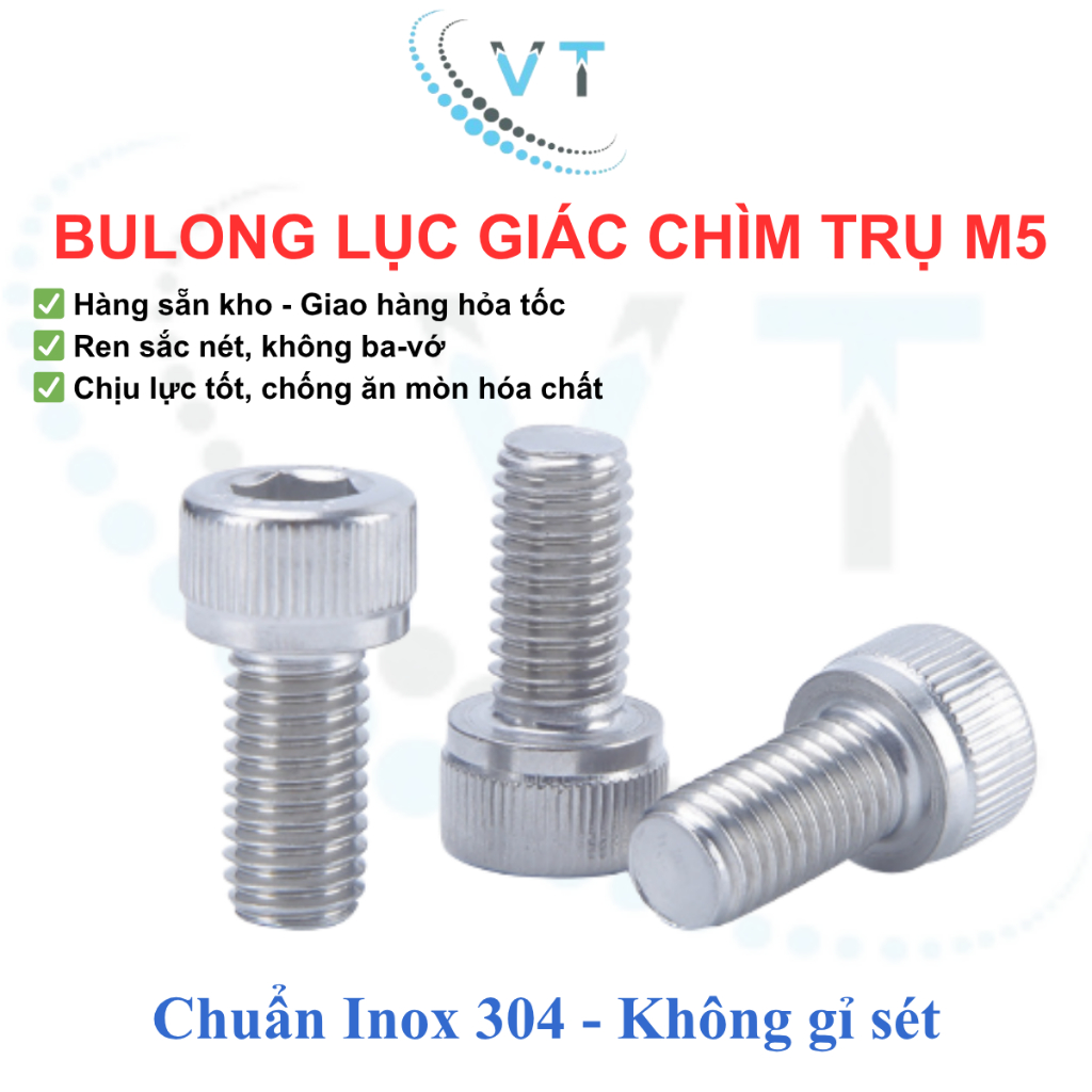 [Túi 10 con] Bulong lục giác chìm đầu trụ Inox 304 M5 (5 ly). Bulong 5li chống ăn mòn, chống gỉ sét